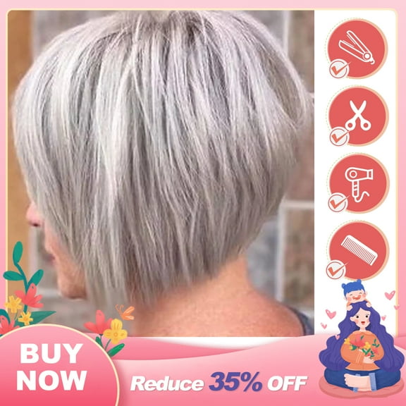DOPI Short Grey Bob Wigs, Sliver Gray Synthetic Straight Hair Repalcement Wig with Bangs