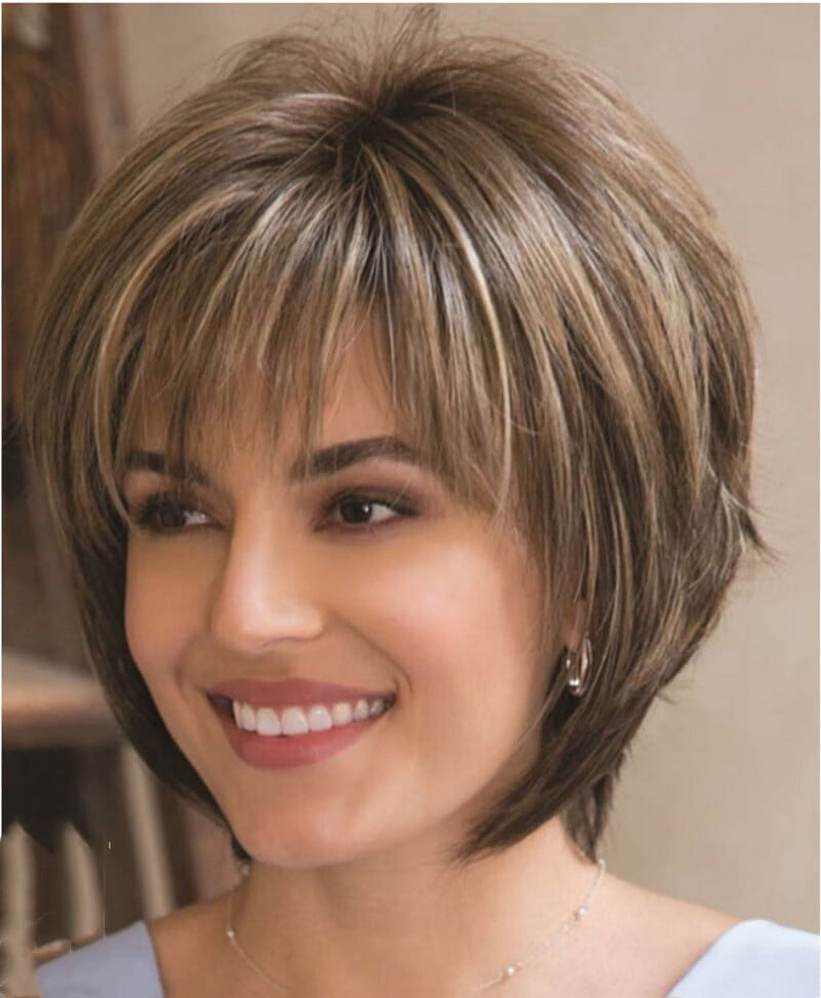 DOPI Short Hair Wigs with Bangs Dark Brown Mixed Blonde Pixie Cut Wig for Women Straight Synthetic Fiber Wigs