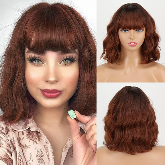 DOPI Short Ombre Blonde Wigs Wavy Bob Wig with Bangs Women Synthetic Curly Pastel Bob Wig for Girl Colorful Cosplay Wigs