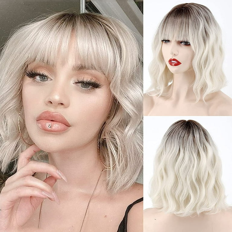 Dopi Short Ombre Blonde Wigs Wavy Bob Wig with Bangs Women Synthetic Curly Pastel Bob Wig for Girl Colorful Cosplay Wigs Women s Size One size
