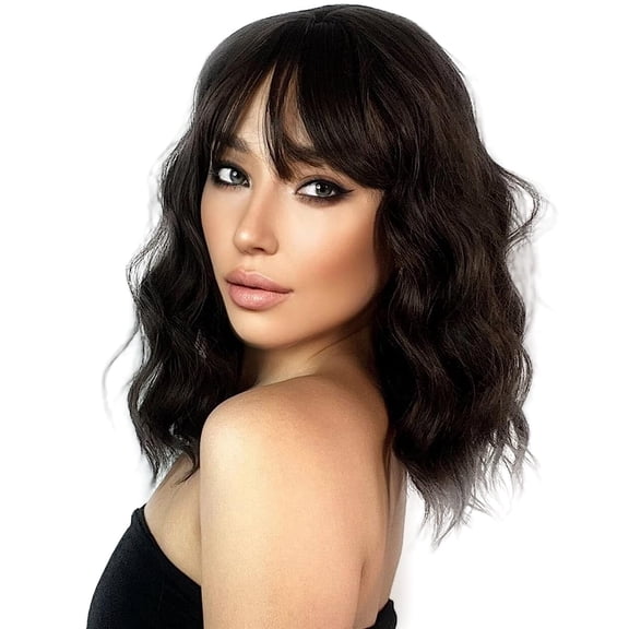 DOPI Short Wavy Bob Wig with Bangs, Synthetic Brown Bob Wigs for Women, Natural Looking Heat Resistant Bang Hair Wigs for Daily & Party 12"