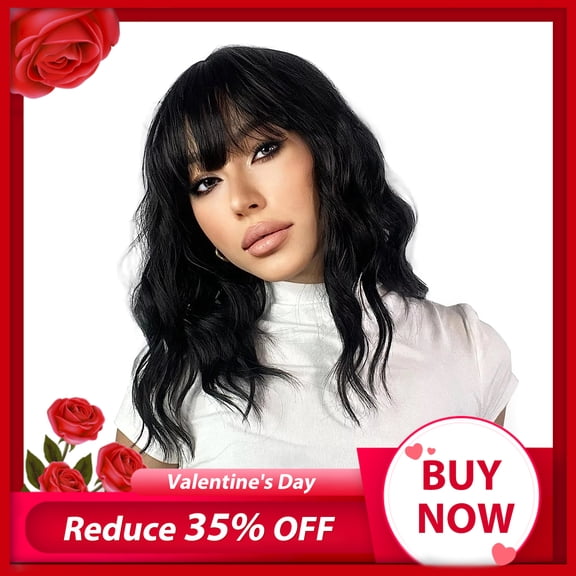 DOPI Short Wavy Bob Wig with Bangs, Synthetic Brown Bob Wigs for Women, Natural Looking Heat Resistant Bang Hair Wigs for Daily & Party 12"