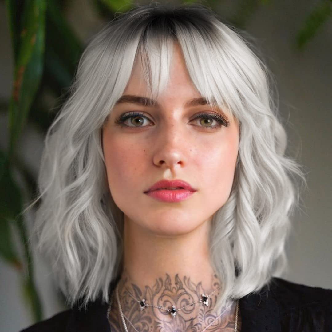 DOPI Short White Silver Wigs for Women Ombre Grey Wavy Bob Wig with Bangs Medium Length Synthetic Hair Water Wave Dark Roots Wig Gray Colorful Wigs（12 Inches）