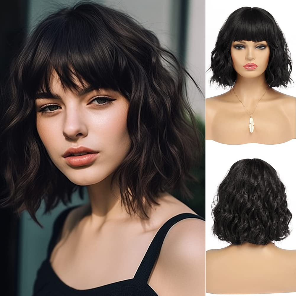 DOPI Short White Silver Wigs for Women Ombre Grey Wavy Bob Wig with Bangs Medium Length Synthetic Hair Water Wave Dark Roots Wig Gray Colorful Wigs（12 Inches）