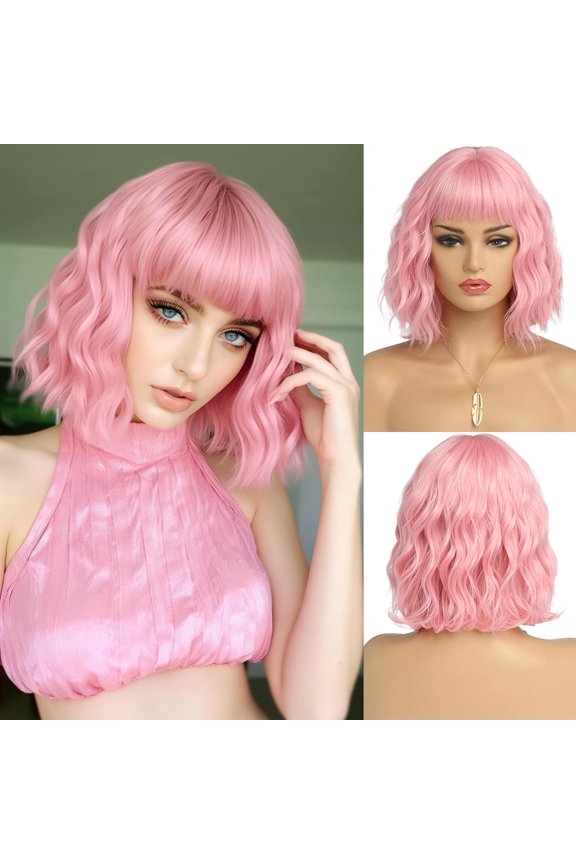 Short White Silver Wigs for Women Ombre Grey Wavy Bob Wig with Bangs Medium Length Synthetic Hair Water Wave Dark Roots Wig Gray Colorful Wigs(12 Inches)