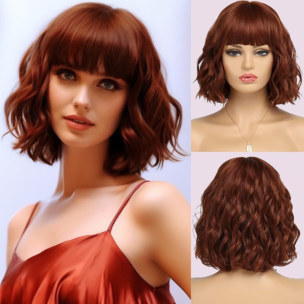 DOPI Short White Silver Wigs for Women Ombre Grey Wavy Bob Wig with Bangs Medium Length Synthetic Hair Water Wave Dark Roots Wig Gray Colorful Wigs（12 Inches）