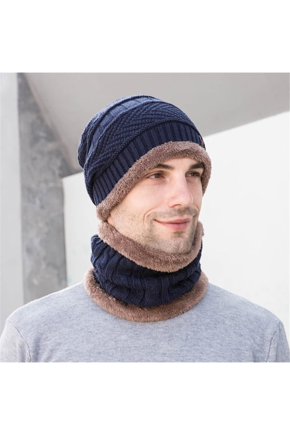 Stylish Hats Mens Winter Hat Cap Collar Set Plus Velvet Thick Knit Hat And Muffler