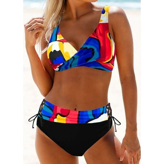 DOPI Summer Beach Ladies High Waist Lace-up Rainbow Print Striped Bikini Swimsuit