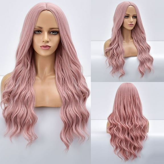DOPI Wig Natural Wave Female Wave Hair Wig Medium-length Synthetic Pink Curly wig(2Pack)