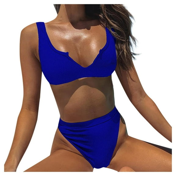 DOPI Woman Forefair Ribbed Knit Bikini Swimwear Sexy Bathing Suit Solid Seperate Biki