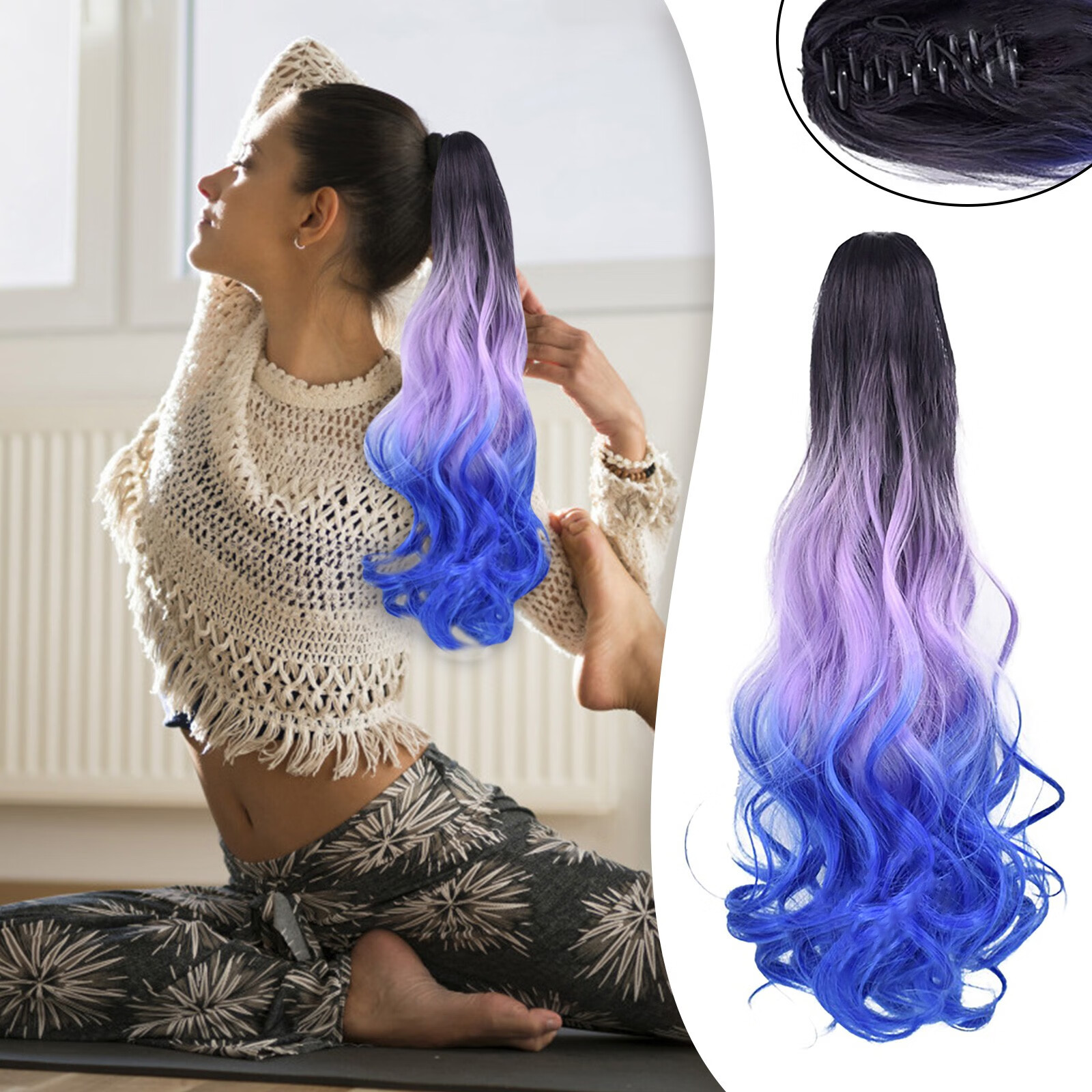 Tri Color Color Wig DOPI Woman Tri-Color Synthetic Long Wavy Curly Ponytail Hair Extension ...