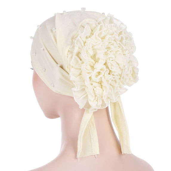 DOPI Women Beading Floral Hat Muslim Ruffle Cancer Turban Wrap Cap BeigeOne size(2pack)