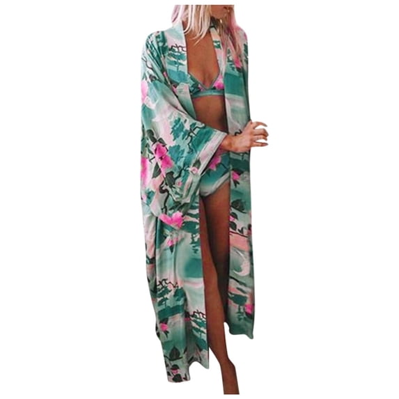 DOPI Women Flare Sleeve Floral Print Kimono Beach Dress Bathing Suit Cover Up