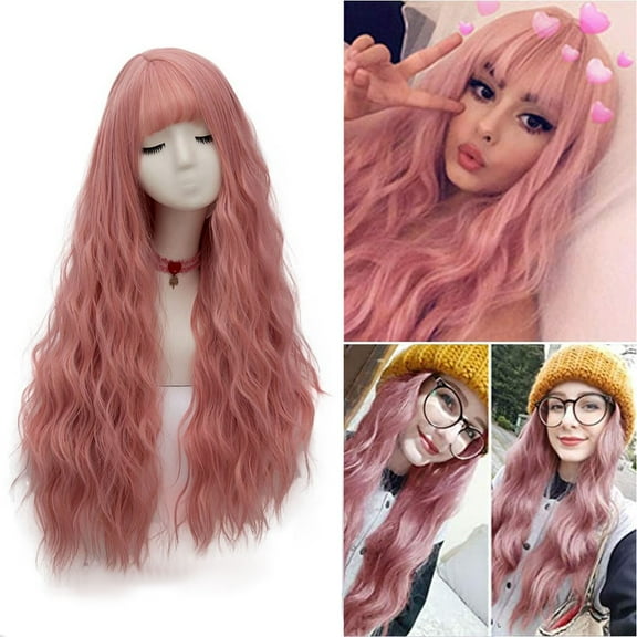 DOPI Women Girl Long Curly Synthetic Wig Quality Hair Natural Pink Party