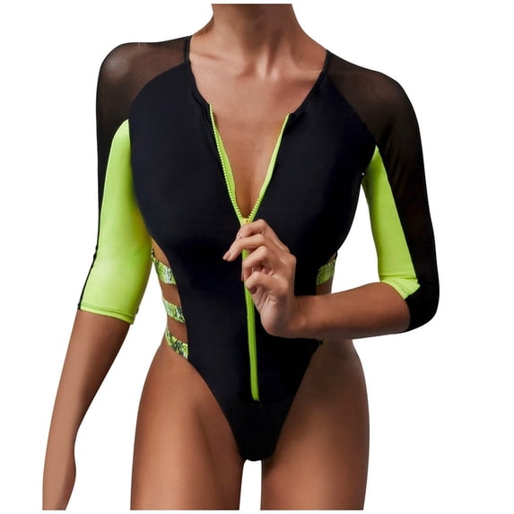 DOPI Women One-Piece 3/4 sleeve Swimsuit Mesh Splice Zipper Bikini Beach Swimwear