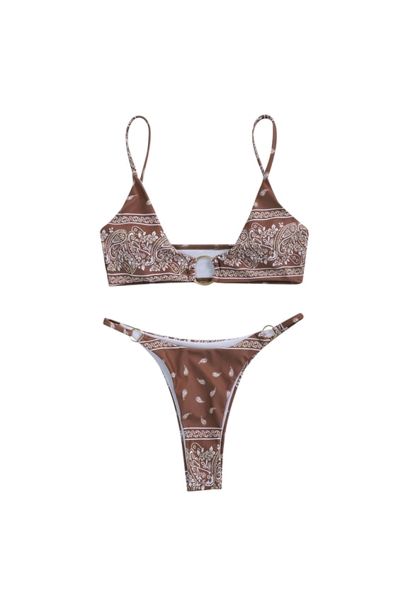 Women Paisley Printed Ring Linked Thong Swimwear Bikini Set Two Piece Swimsuit