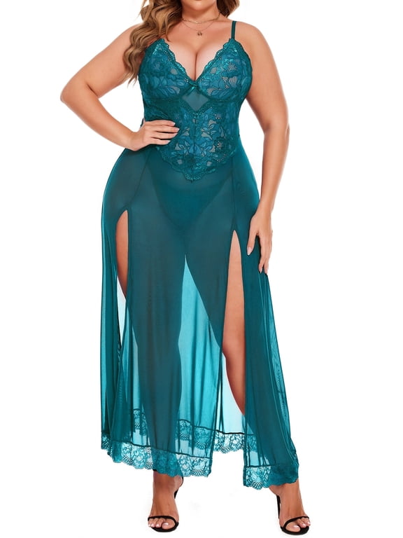 Women Plus Size Lingerie Long Lace Nighty Sexy Mesh Nightdress Side Split Nightgown Sleepwear