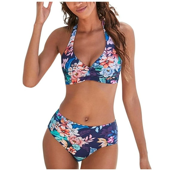 DOPI Women Push Up Splice Vintage Print Two Pieces Bikini Swimwear Swimsuit Beach Set