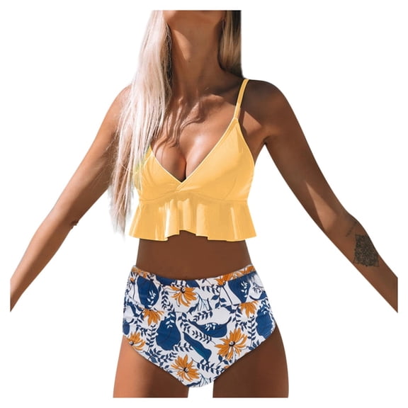 DOPI Women Sexy Ruffle Vrouwen Solid Print Badpak Backless Badmode Hoge Taille Bikini