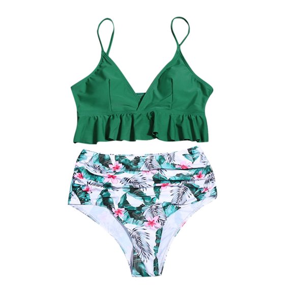 DOPI Women Sexy Ruffle Vrouwen Solid Print Badpak Backless Badmode Hoge Taille Bikini