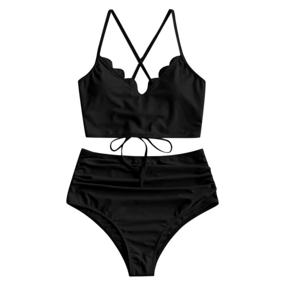 DOPI Women Sexy Scalloped Lace-up Ruched Tankini Swimsuit Swimsuit Beachwear