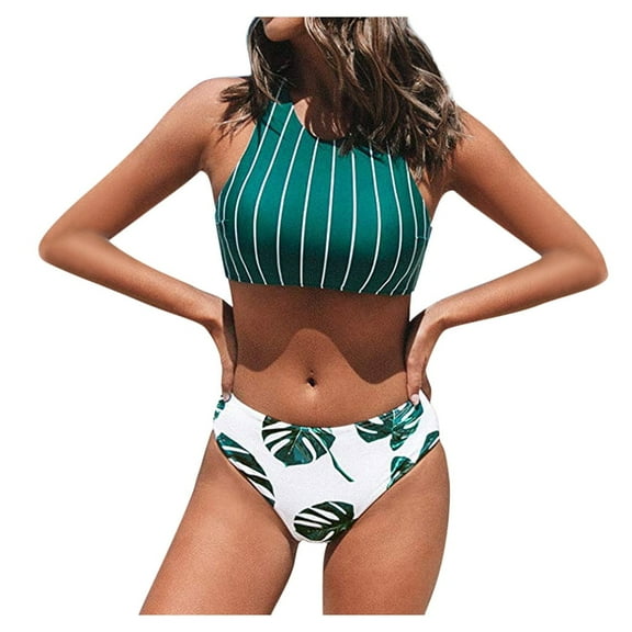 DOPI Women Sexy Teal Stripe Leaves Print Criss Cross Bikini Swimsuit Beachwear