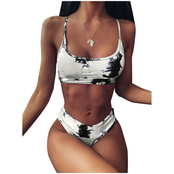 DOPI Women Sexy Tie-dye Pattern Top With Panty Bikini Set Two Piece Swimwear