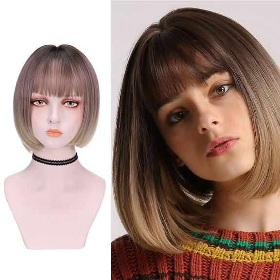 DOPI Women Short Bob Straight Synthetic Wig Quality Hair Rose GoldGradient 13INCH(2Pack)