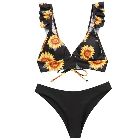DOPI Women Sunflower Star Print V Neck Two Pieces Bikini Swimwear Swimsuit Beachwear