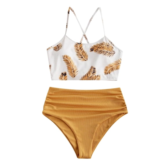 DOPI Women Two Piece Leaves Print Split Sets Plus Size Beachwear Swimsuit Bikini