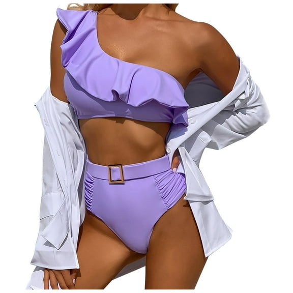 DOPI Women Two-Piece One-shoulder Ruffle Solid High Waist Bikini Swimwear Beachwear