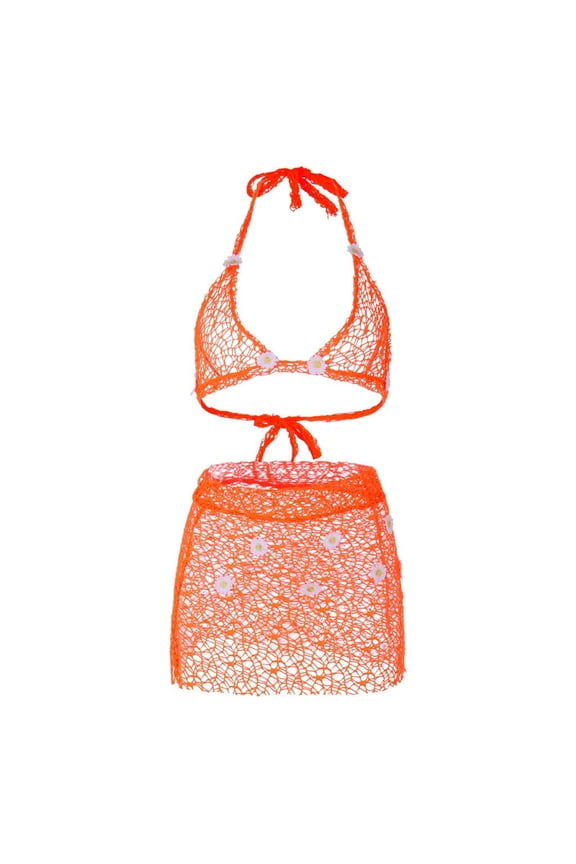 Women Two-piece Crochet Bikini Skirt Set Push Up Beach Swimwear Bathing Suit