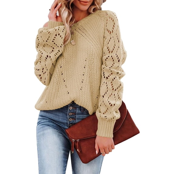 DOPI Women's Casual Long Sleeve Crewneck Crochet Sweater Lightweight Knit Pullover Sweaters Top Hollow Out Sweater Autumn