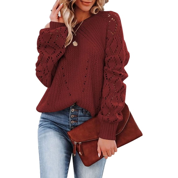 DOPI Women's Casual Long Sleeve Crewneck Crochet Sweater Lightweight Knit Pullover Sweaters Top Hollow Out Sweater Autumn