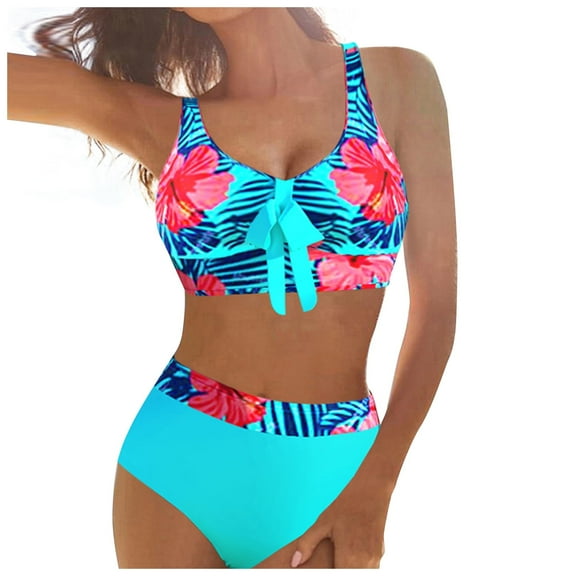 DOPI Women's Fashion Stitching Digital Printing Split Sexy Women's Bikini Swimsuit