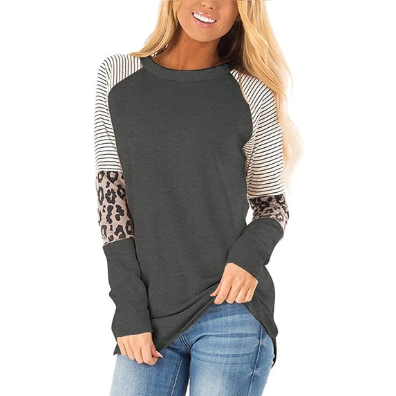 DOPI Women's Leopard Print Color Matching Round Neck Long Sleeved Shirt Striped Casual Top Autumn T-shirt
