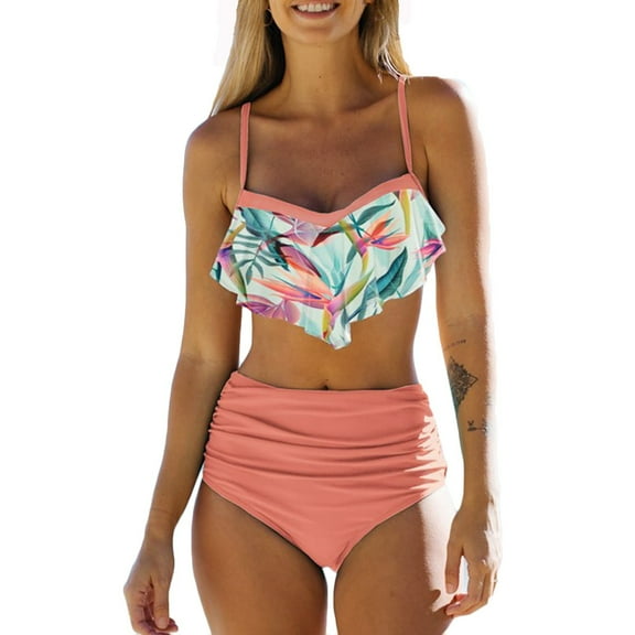 DOPI Women's Ruffle Hanging Neck Halter Sexy Split High Waist Bikini Swimsuit