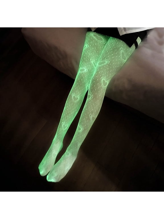 Women's Sexy High Waist Hollow Out Tights Fishnet Stockings Glow in the Dark Pantyhose Luminous Bodysuit Leggings Lingerie Pants for Glowing Party