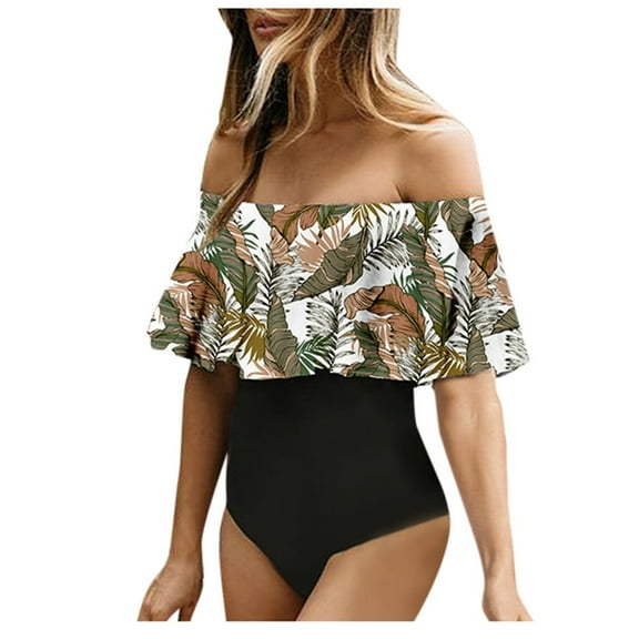 DOPI Women's Sexy Off Shoulder Floral Leaves Print Tummy Control One Piece Swimsuit