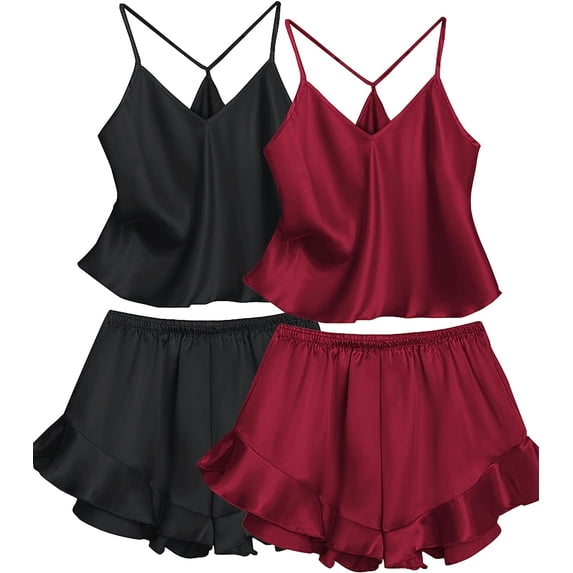 DOPI Women's Silk Ruffled Pajama Vest Two-piece Silk Set with Multiple Colors and Sizes