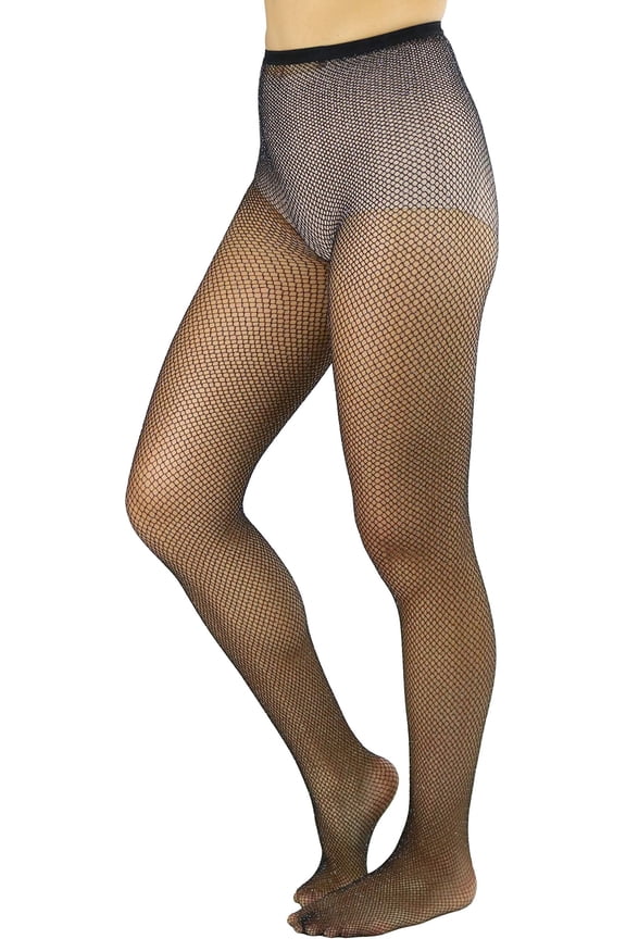 Women's Spandex Shimmer Glitter Fine Fishnet Pantyhose Tights - Black w/ Silver Glitter - One Size