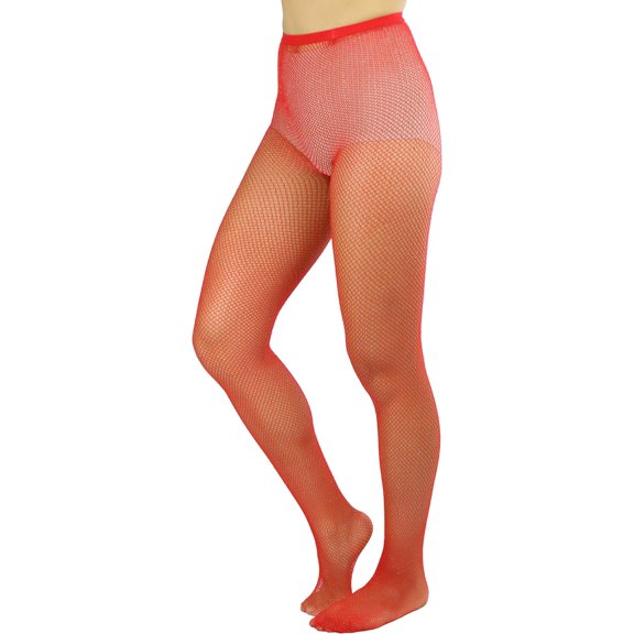 DOPI Women's Spandex Shimmer Glitter Fine Fishnet Pantyhose Tights - Red w/ Gold Glitter - One Size