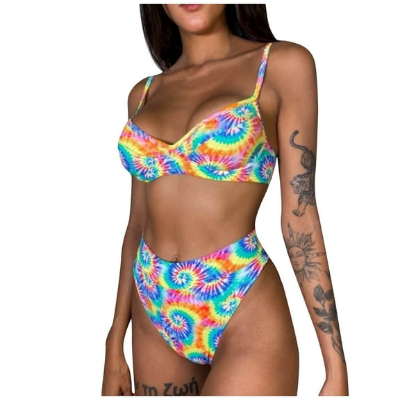 DOPI Women's Summer Fashion Sexy Printed V-neck Halter Bikini Beach Swimwear