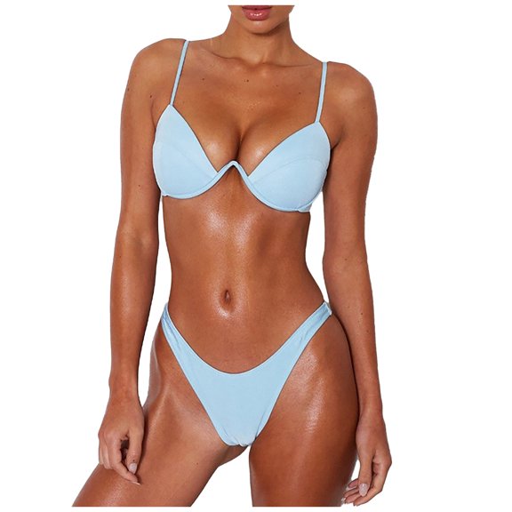DOPI Women's Summer Fashion Sexy Solid Color V-neck Halter Bikini Beach Swimwear