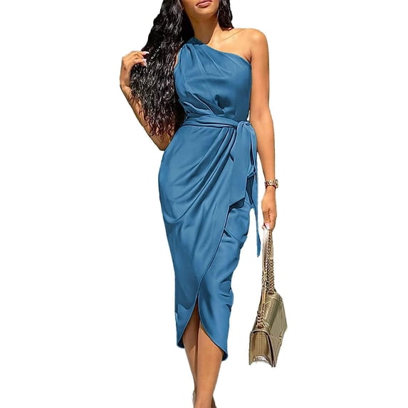 DOPI Women's Summer Ruched Bodycon Dress Sleeveless One Shoulder Wrap Satin Belted Cocktail Midi Dress