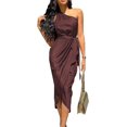 thumbnail image 1 of DOPI Women's  Summer Ruched Bodycon Dress Sleeveless One Shoulder Wrap Satin Belted Cocktail Midi Dress, 1 of 7