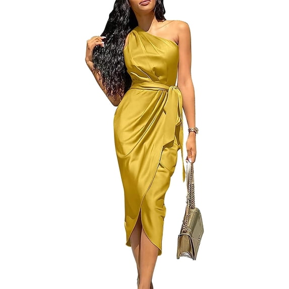 DOPI Women's Summer Ruched Bodycon Dress Sleeveless One Shoulder Wrap Satin Belted Cocktail Midi Dress