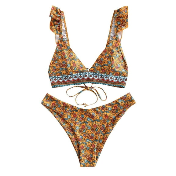 DOPI Women's Summer Sexy Floral Print Ruffle High Cut Bikini Set Two Piece Swimsuit