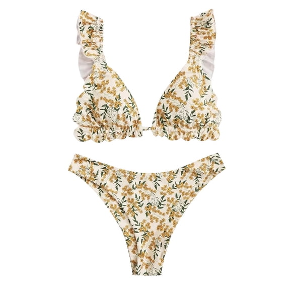 DOPI Women's Summer Sexy Floral Print Ruffle High Cut Bikini Set Two Piece Swimsuit