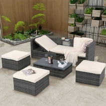 DOPIN 5 Piece Adjustable Patio Furniture Sets, All Weather PE Wicker Rattan Outdoor Sectional Sofa, Patio Conversation Set with Lift Coffee Table, Ottomans, Cushions & Pillows